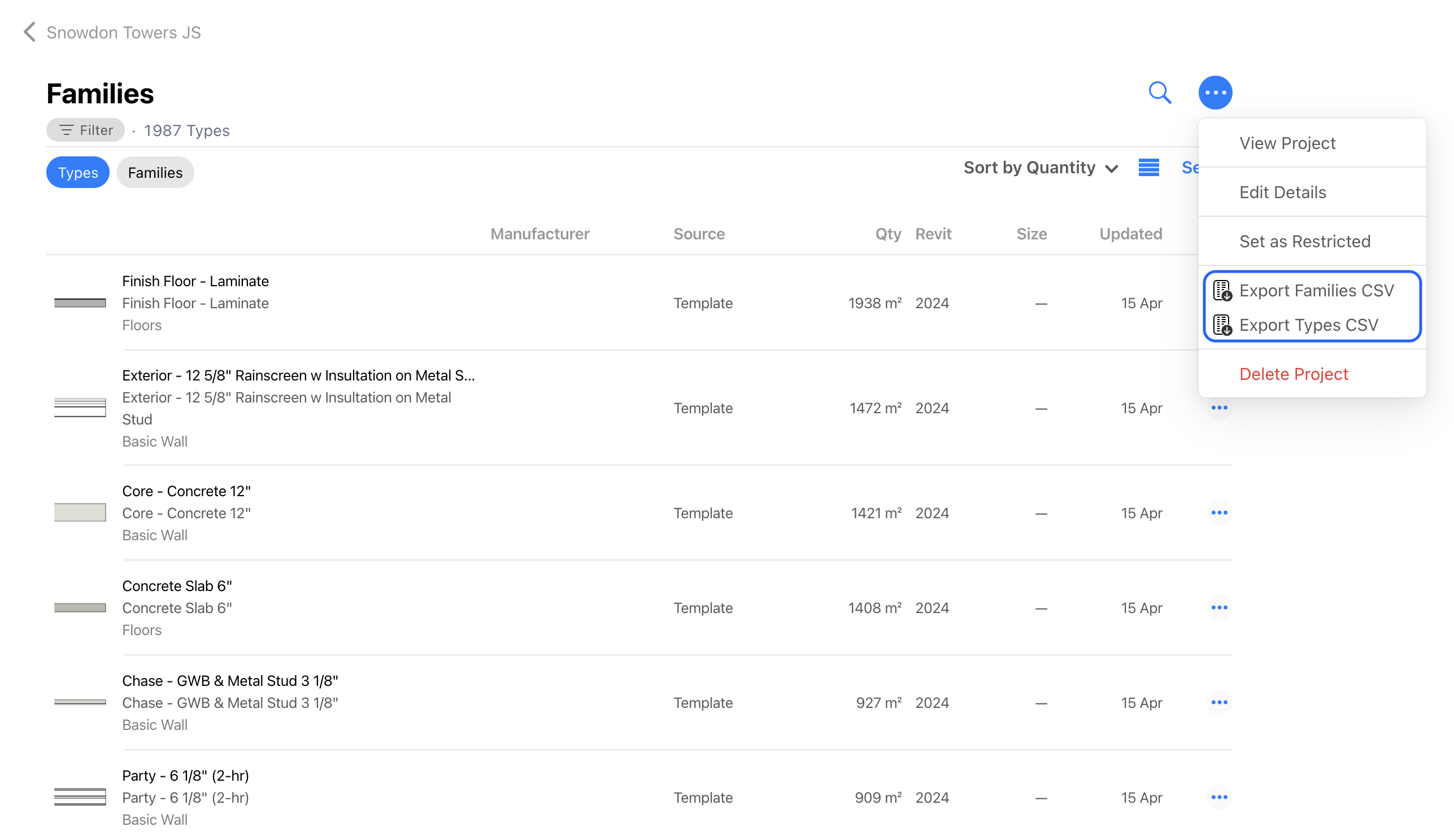 Project Families page showing the option to download content CSVs.